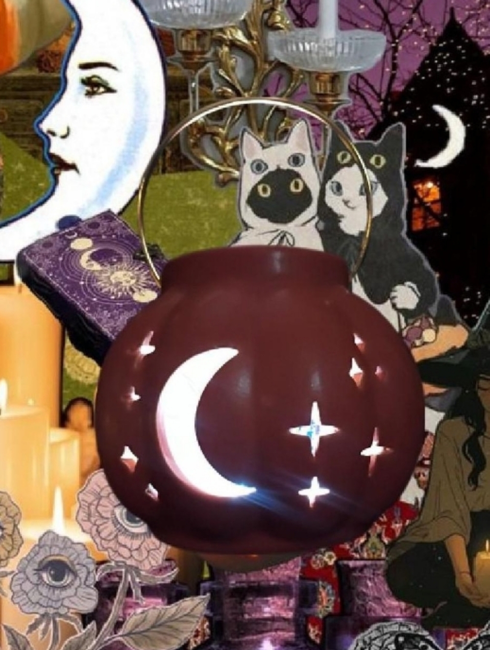Halloween Fall Orange Ceramic Pumpkin Lantern W/ Celestial Moon & Star Pattern